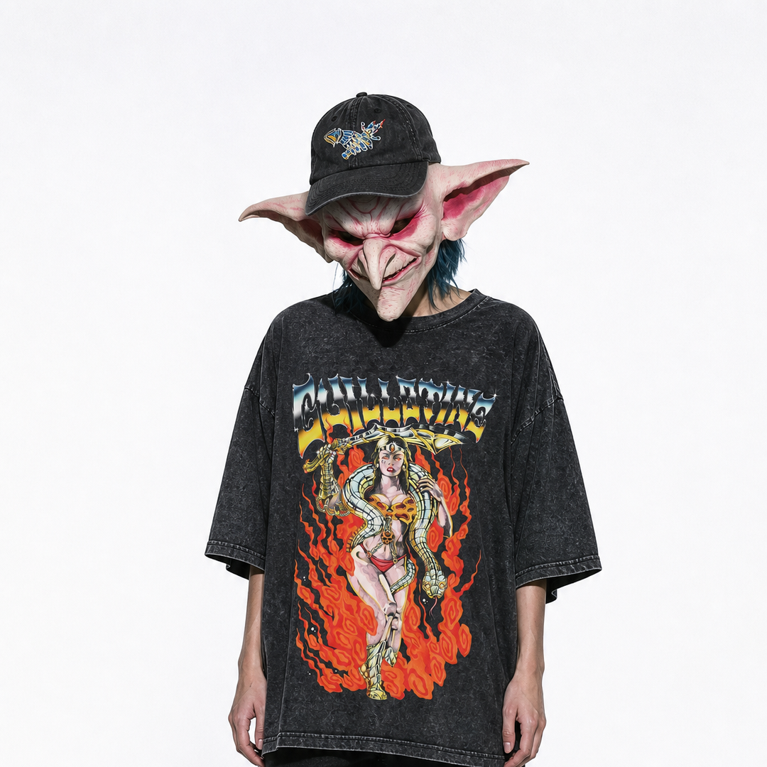 T-shirt Amazone porté, collab Guillotine x Turbo Kid
